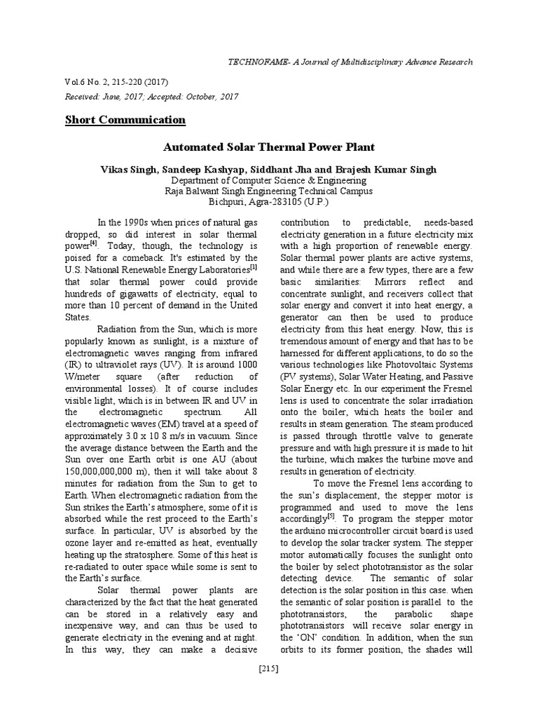 Automated Solar Thermal Power System | PDF | Turbine | Solar Energy