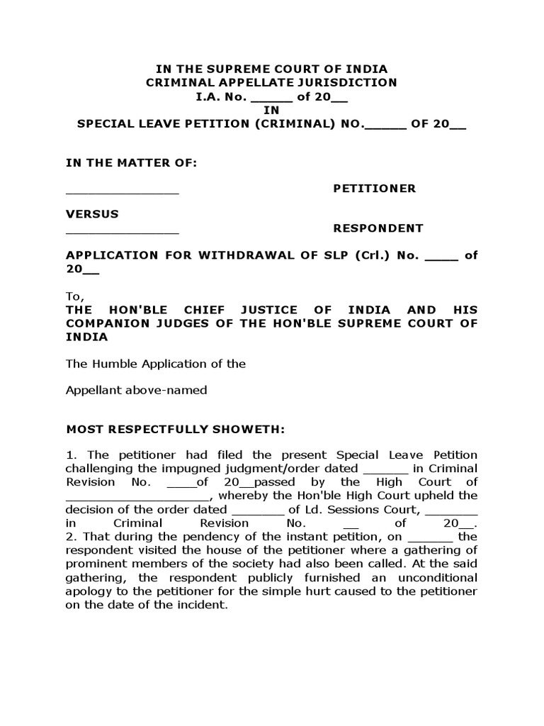 SLP Application For Withdrawal of Case From Supreme Court On Settlement ...