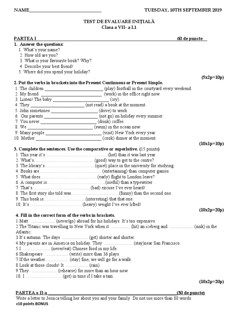 Test Initial Clasa aVIIa Lb. Engleza | Download Free PDF | Linguistics ...