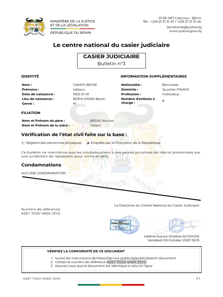 Bulletin n°3 du casier judiciaire au Bénin | PDF | Crimes | Crime et ...