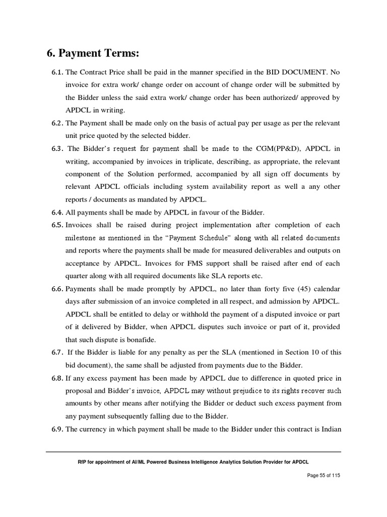 Payment Terms RFP For Appointment of Ai/Ml Powered Business