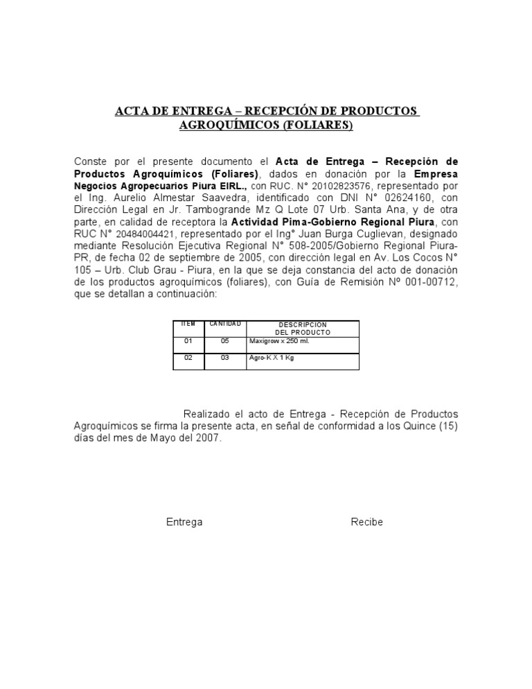 Acta de Entrega Productos