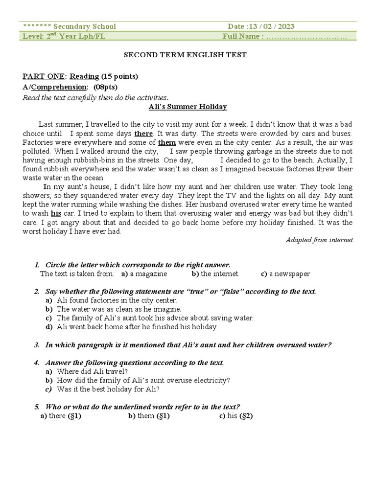 Second Term English Test نسخة Pdf Water Linguistics