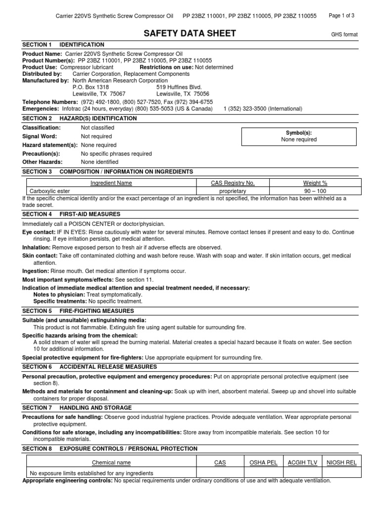 Safety Data Sheet for Carrier 220VS Synthetic Screw Compressor Oil A