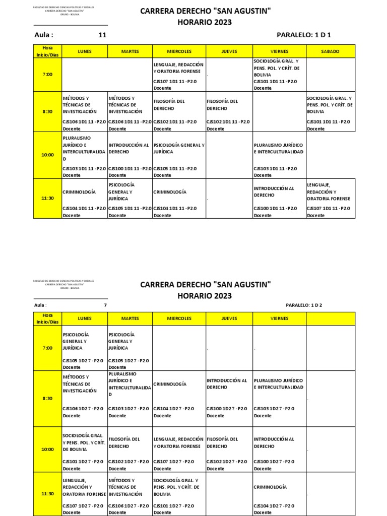 Horarios Facultad de Derecho 2023 | PDF | Criminología | Ciencias Políticas