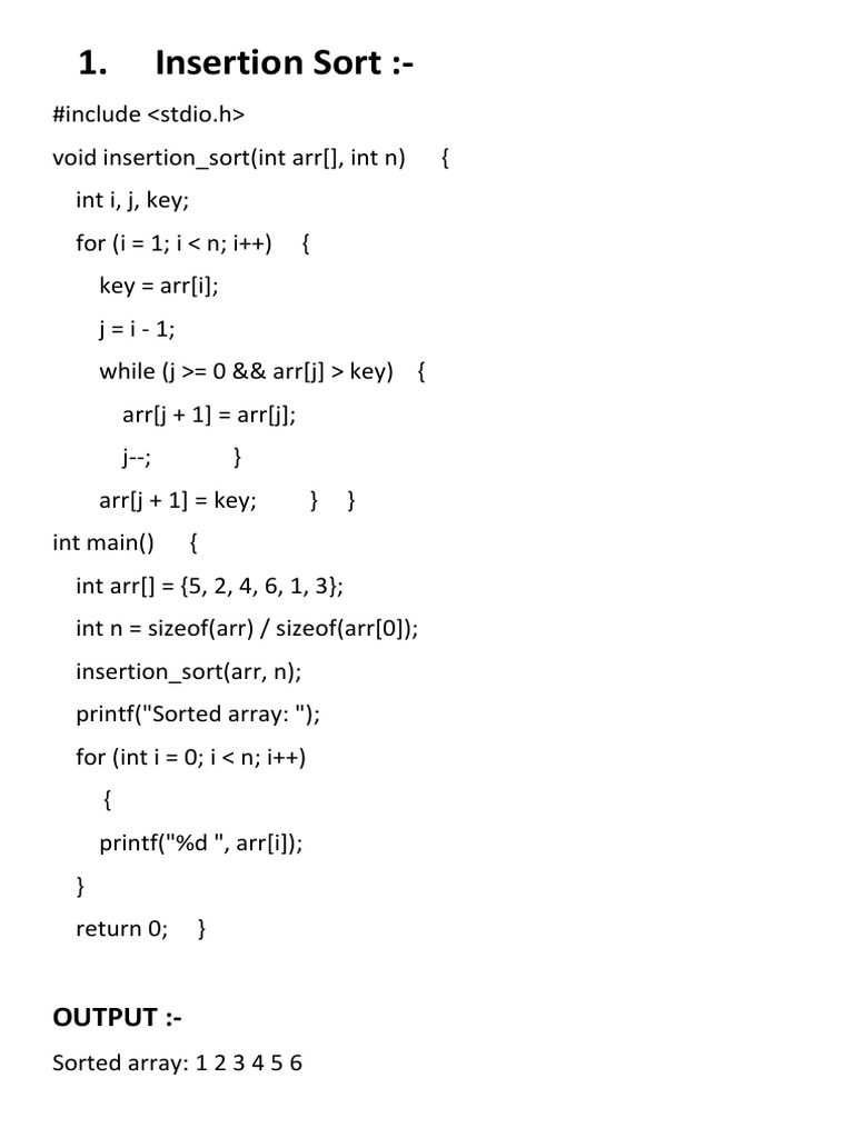 Insertion Sort:-: Output | PDF | Algorithms | Algorithms And Data ...