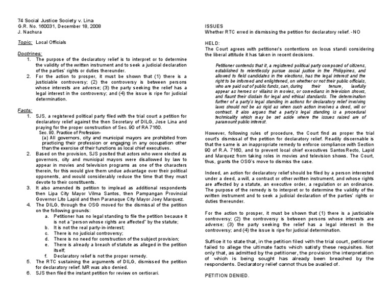 74) SJS v. LIna PDF Standing (Law) Legal Remedy