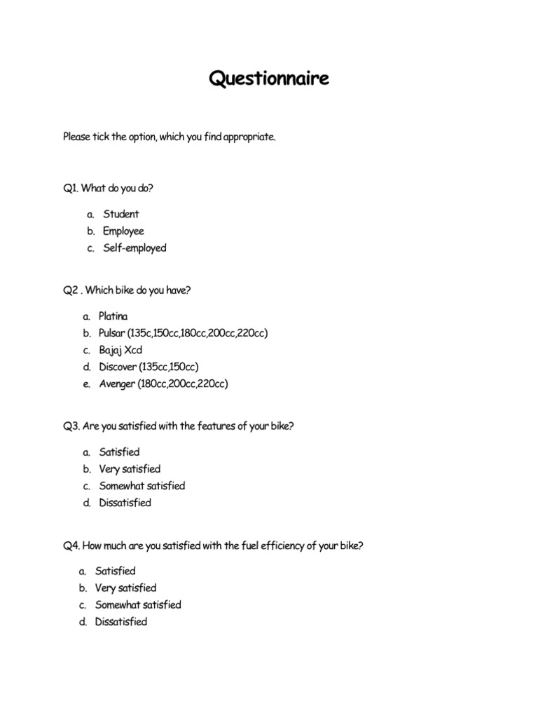 Questionnaire on Bajaj Bikes
