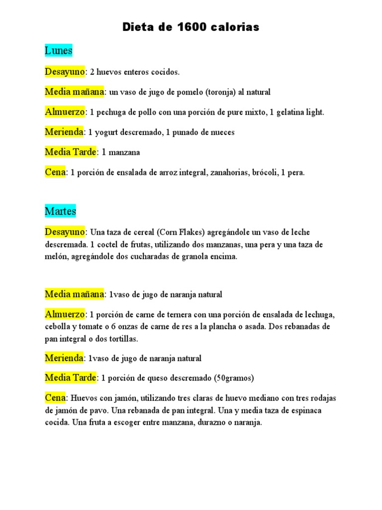 Dieta de 1600 Calorias | PDF | Almuerzo | Preparación de comida y bebida