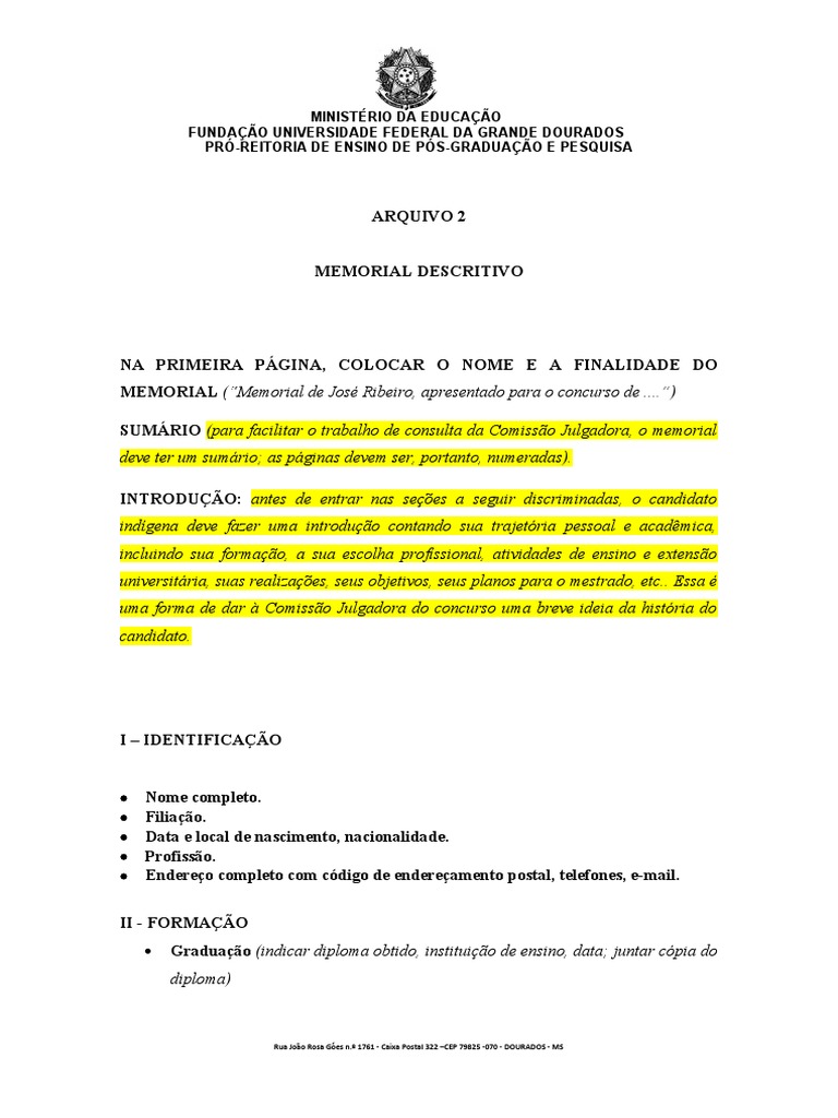 Modelo de Memorial Descritivo para Mestrado | PDF