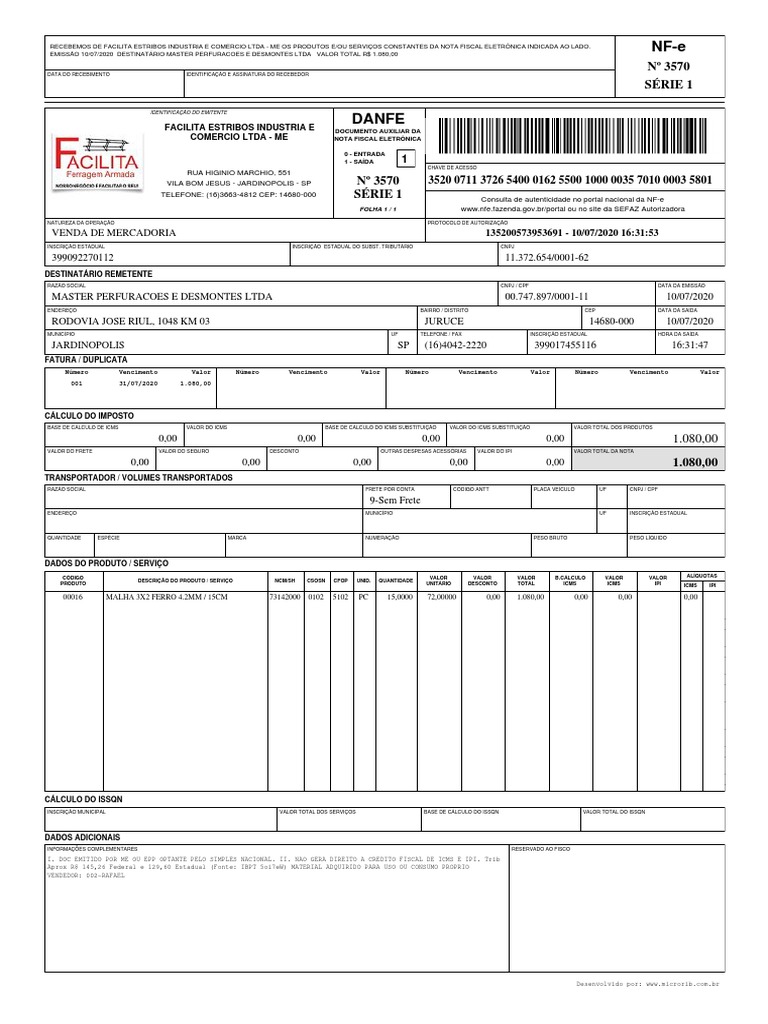 Recebimento de Nota Fiscal - Master Perfurações | PDF | Recibo ...