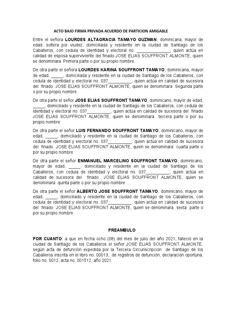 Acuerdo de Partición Amigable en RD | PDF | Impuestos | Derecho Civil ...