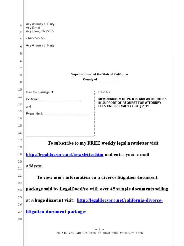 Motion For Attorney Fees In Divorce Case For California | Pdf | Attorney�s  Fee | Lawsuit