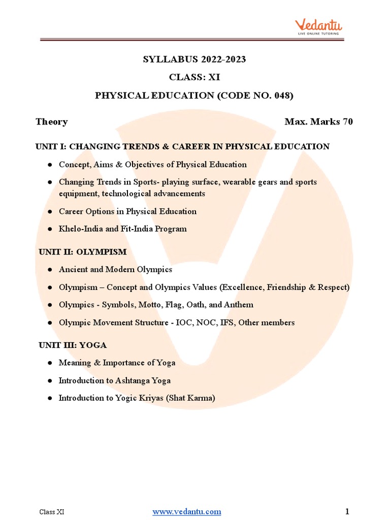 CBSE Syllabus For Class 11 Physical Education 2022-23 (Revised) PDF ...