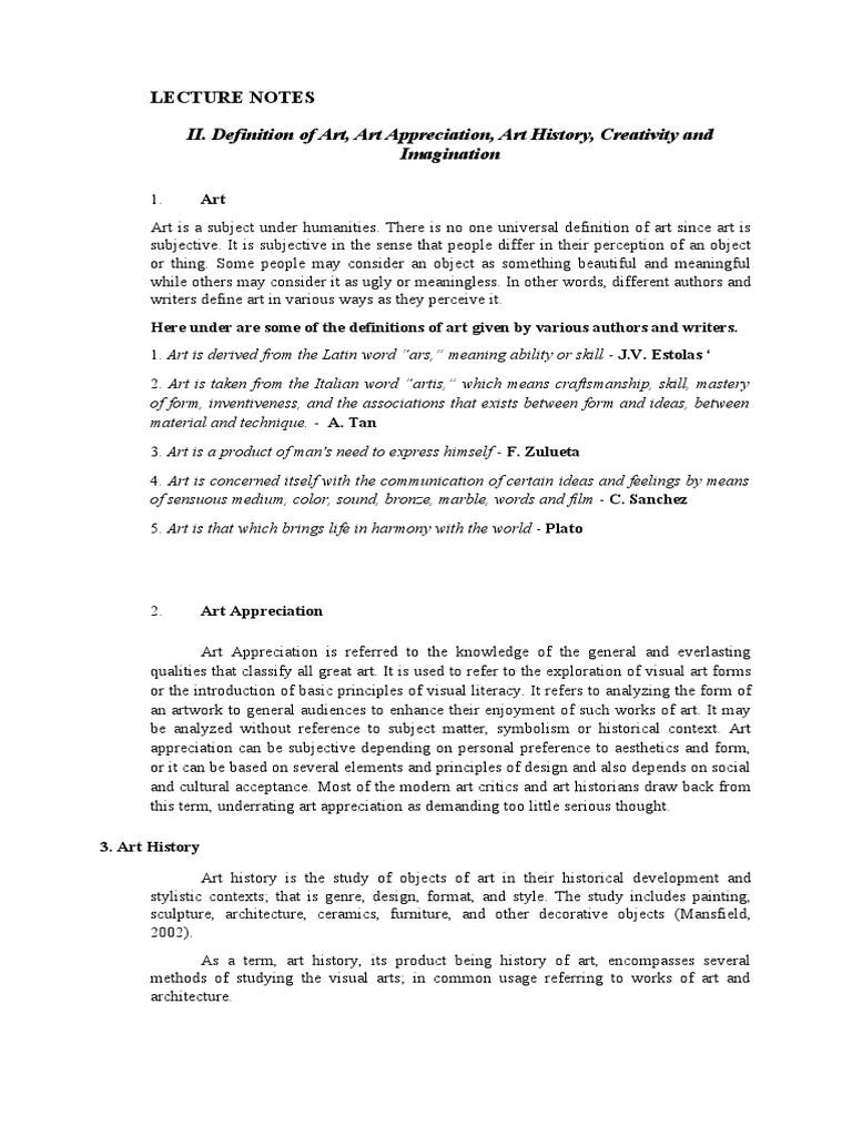 II. Definition of Art, Art Appreciation, Art History, Creativity and