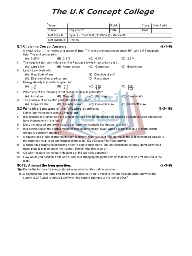 Physics Test on Electromagnetic Induction | PDF | Inductance | Inductor