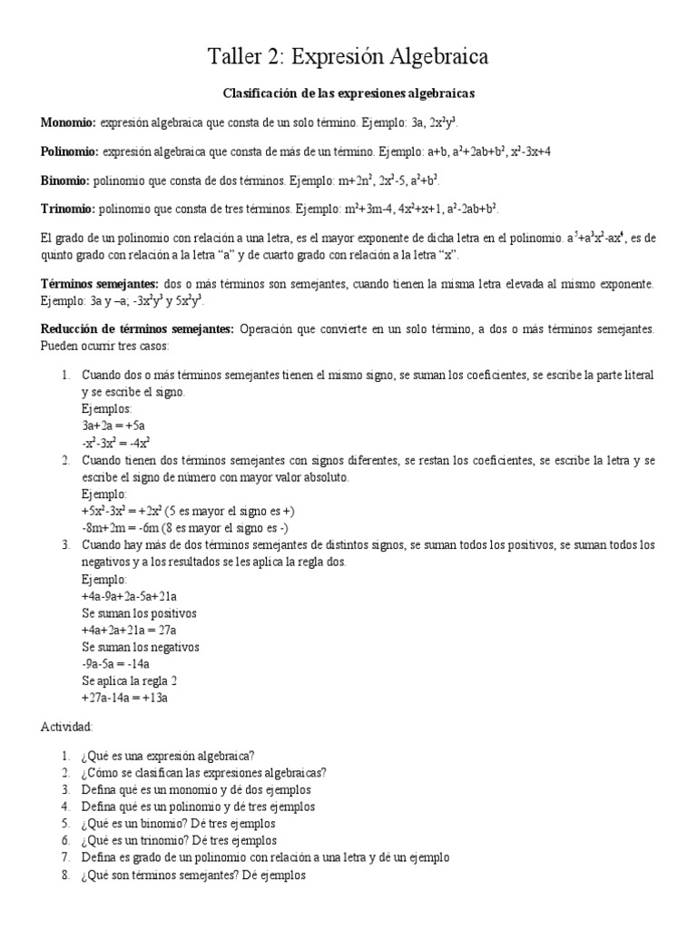 Taller de Expresiones Algebraicas 8° | PDF | Álgebra | Matemáticas De ...