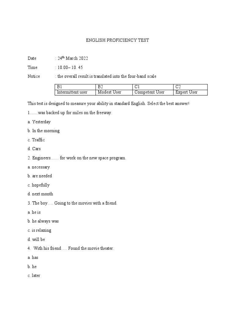 PreTest English Proficiency Test PDF Carbon Chemistry