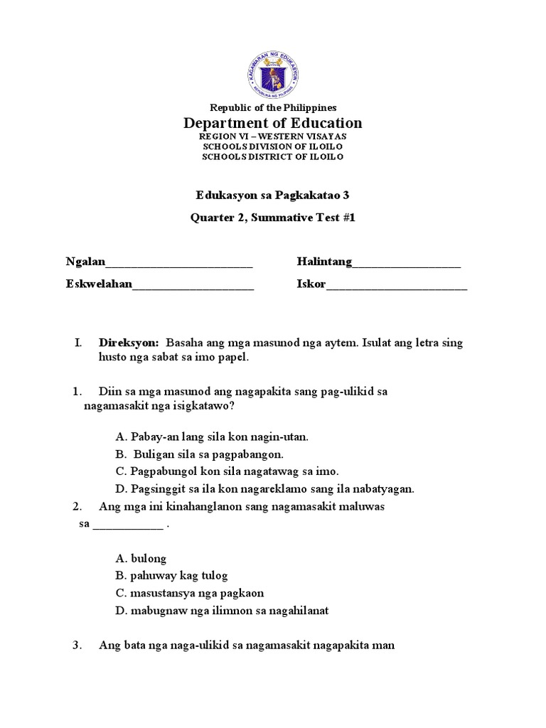 Grade 3 Summative Test Q at No. 2 in Esp 3 | PDF