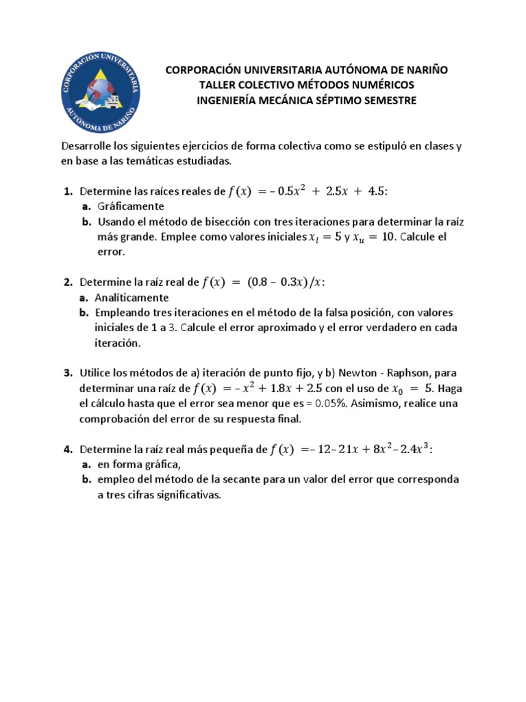 Taller Métodos Numéricos Primer Corte | PDF | Métodos y materiales de ...