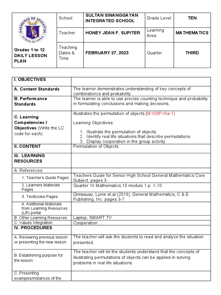 Grade 10 Math: Permutations Lesson Plan | PDF | Learning | Mathematics