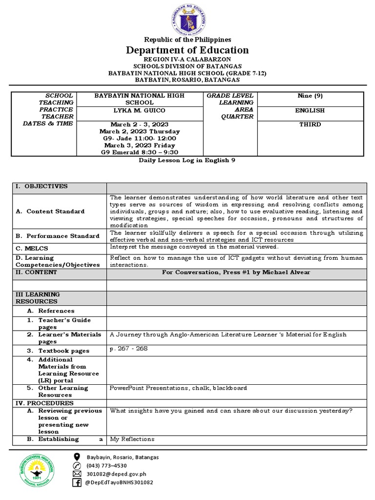 Daily Lesson Log for English 9 | PDF | Learning | Educational Technology