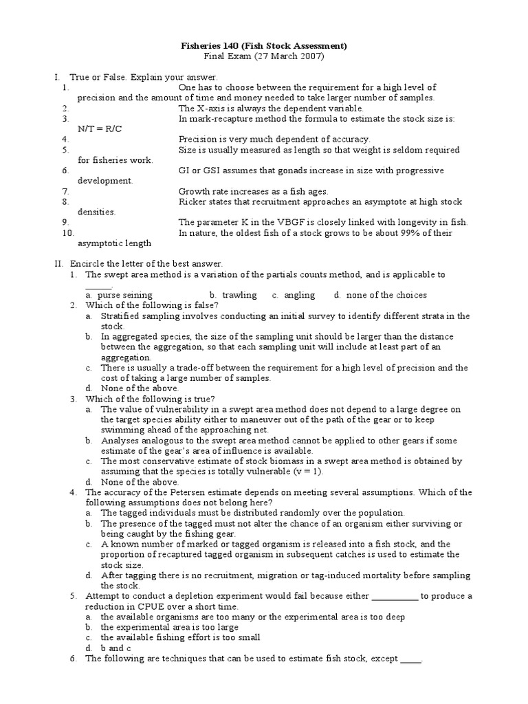 Fisheries Stock Assessment Exam Guide | PDF | Sampling (Statistics ...