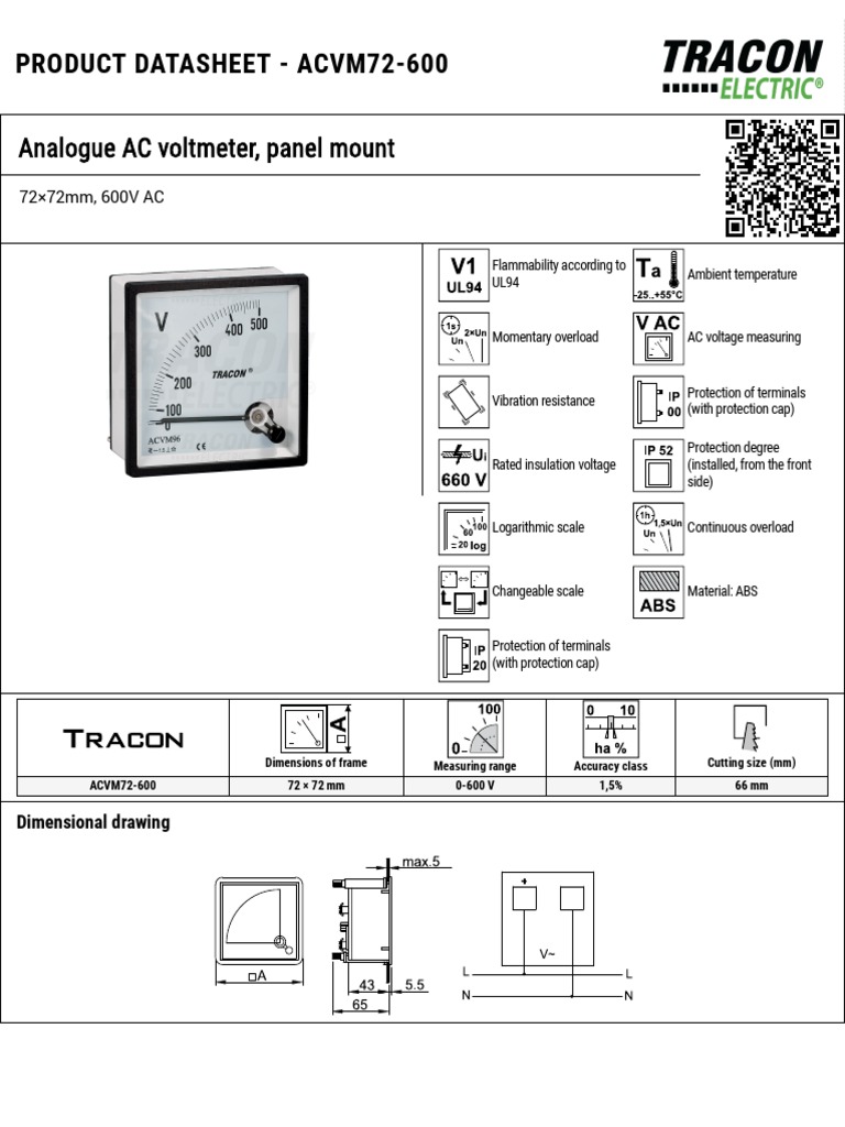 Product Datasheet Acvm72600 Analogue AC Voltmeter, Panel Mount PDF