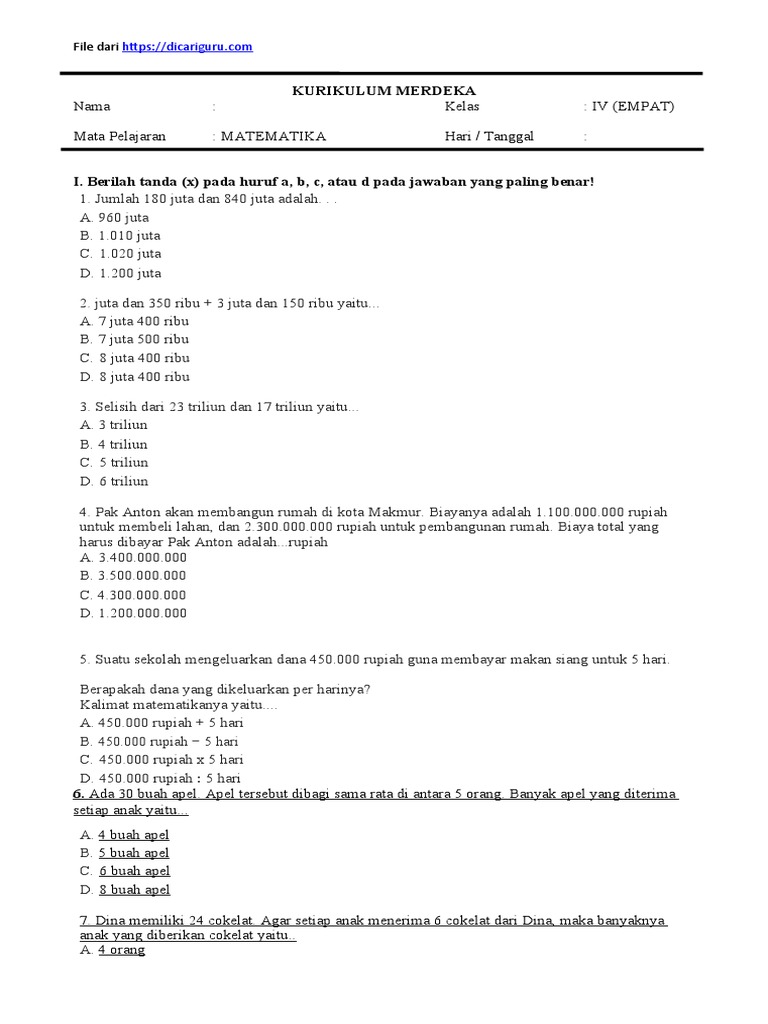 Soal Matematika Kelas 4 Semester 1 | PDF | Metode & Bahan Ajar | Griya ...