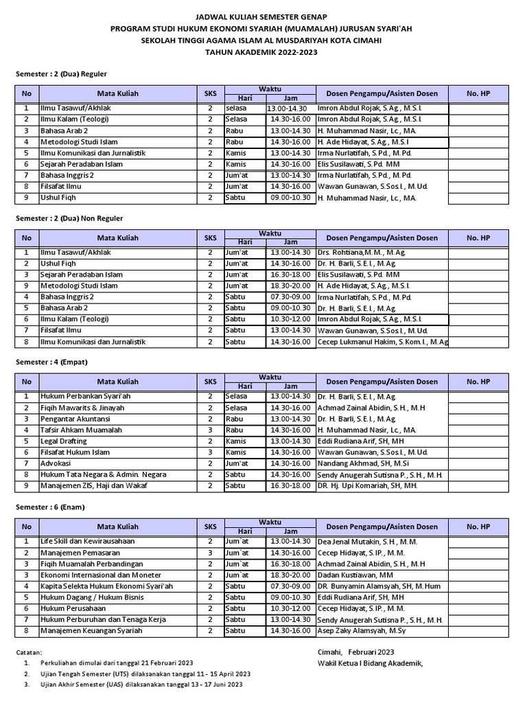 Jadwal Kuliah Genap Pai Hes 20222023 Bikin Pa Nasir B Ai PDF