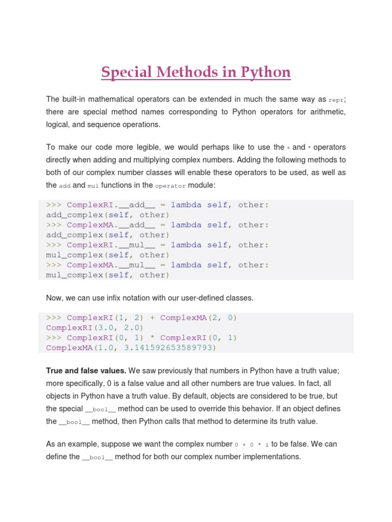 Special Methods in Python | PDF | Boolean Data Type | Method (Computer ...