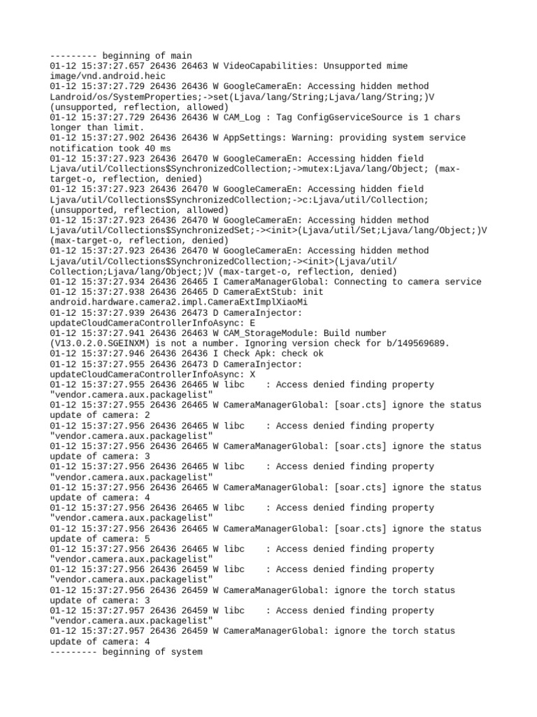 Log messages detailing app startup process and errors accessing device