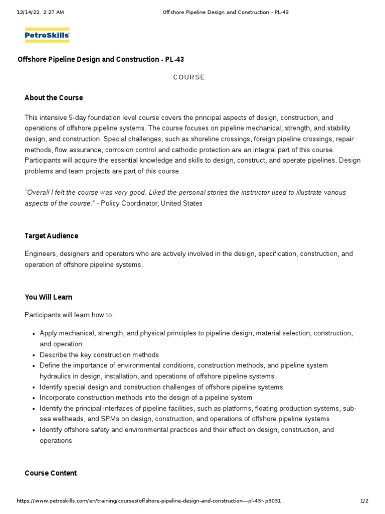 Course Offshore Pipeline Design and Construction - PL 43 | Download