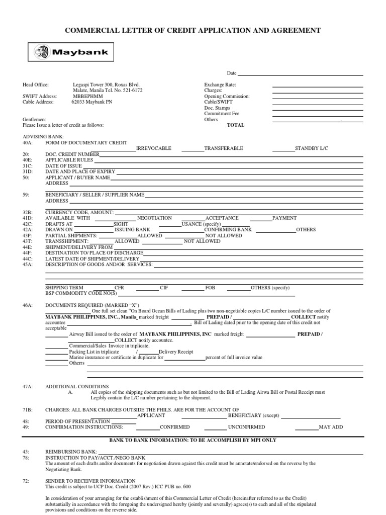 Commercial Letter of Credit Application and Agreement | Letter Of