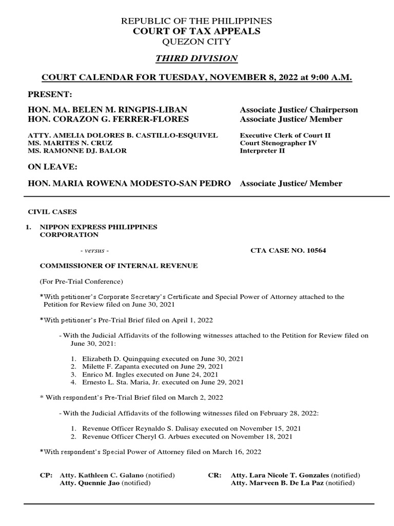 Court Calendar For Tuesday, November 8, 2022 at 900 A.M. Court of Tax