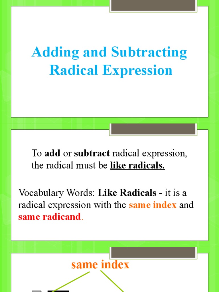 Adding Like and Unlike Radicals | PDF | Teaching Methods & Materials