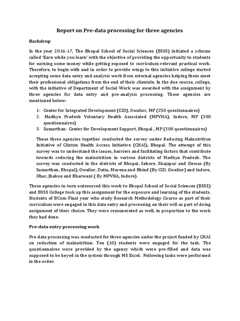 Report On Pre-Data Entry Processing Work - CID-SAMARTHAN-MPVHA | PDF