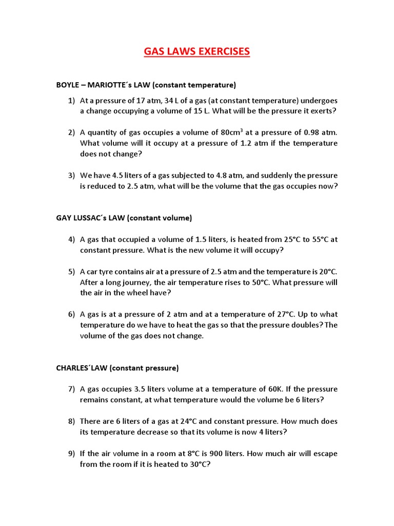 Gas Laws Exercises Solved PDF Gases Temperature