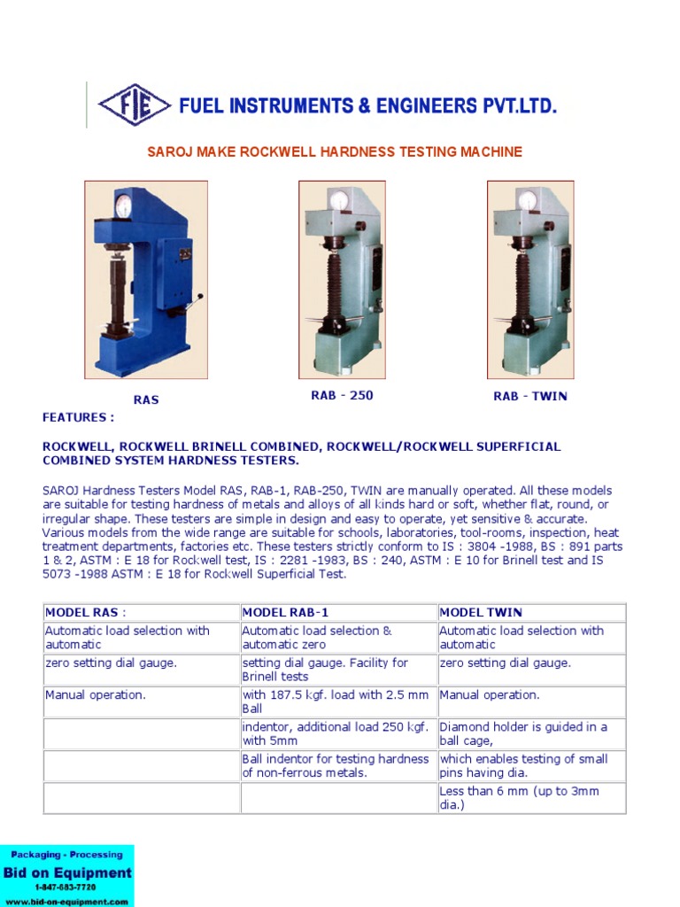 Saroj Make Rockwell Hardness Testing Machine PDF Mechanical