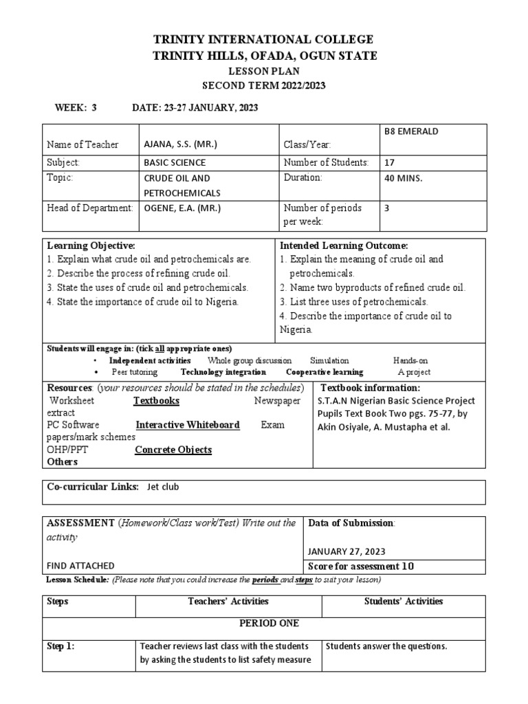Lesson Plan On Crude Oil And Petrochemicals Pdf Petroleum Lesson Plan