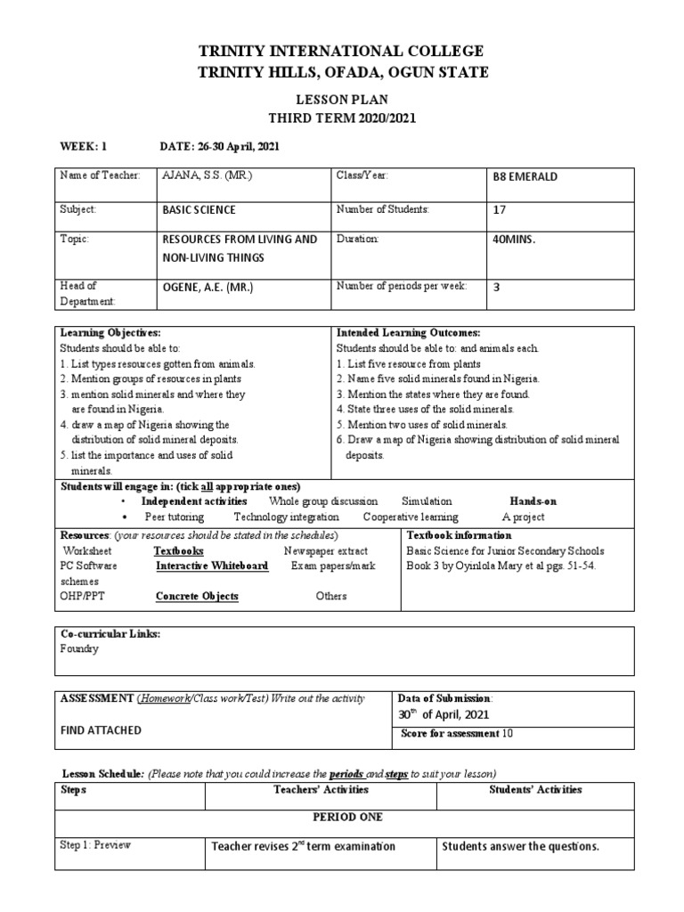 Lesson Plan On Resources From Living And Non Living Things Pdf