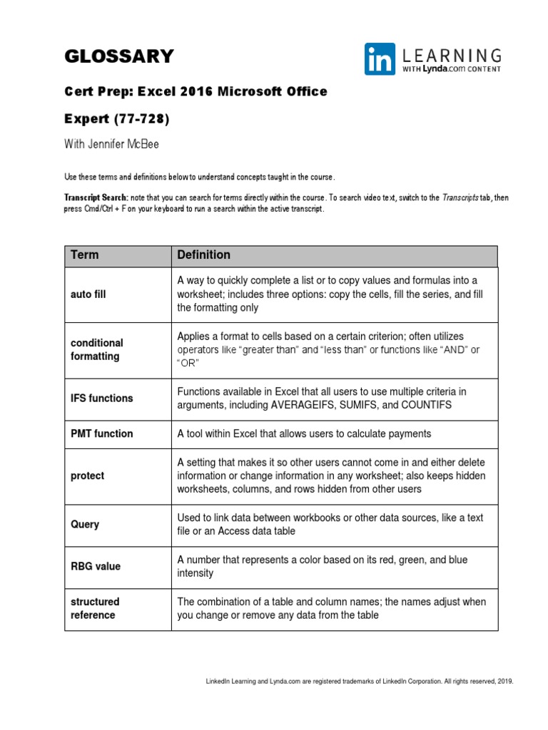 Glossary Excel 2016 Expert | PDF