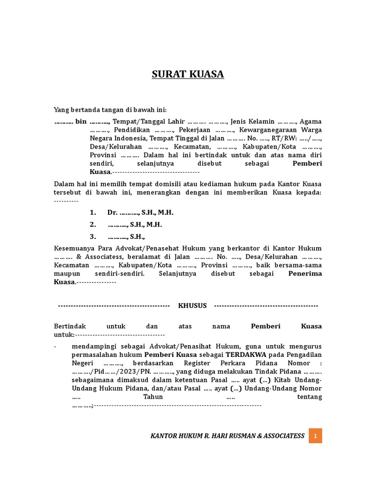 Surat Kuasa Pemberian Kuasa Hukum | PDF
