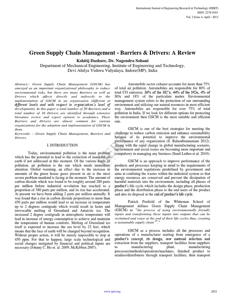 Green Supply Chain Management Barriers & Drivers A Review PDF