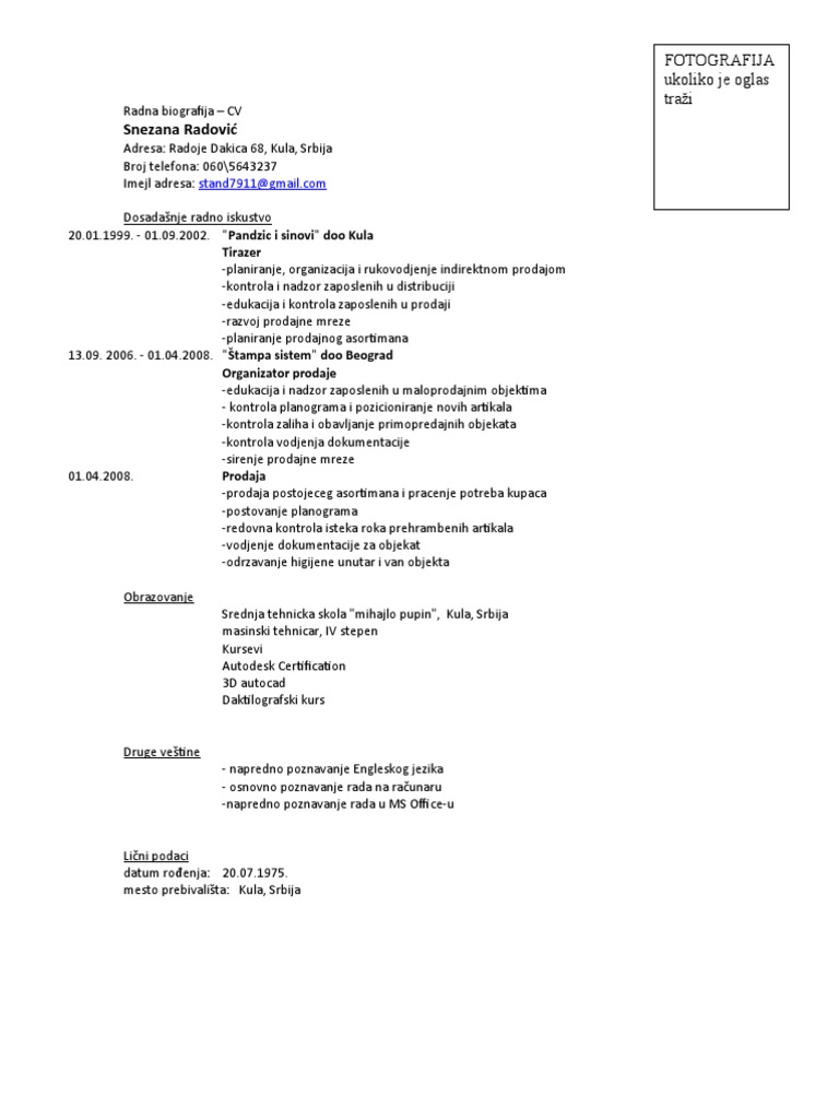 Radna biografija Snezane Radović | PDF