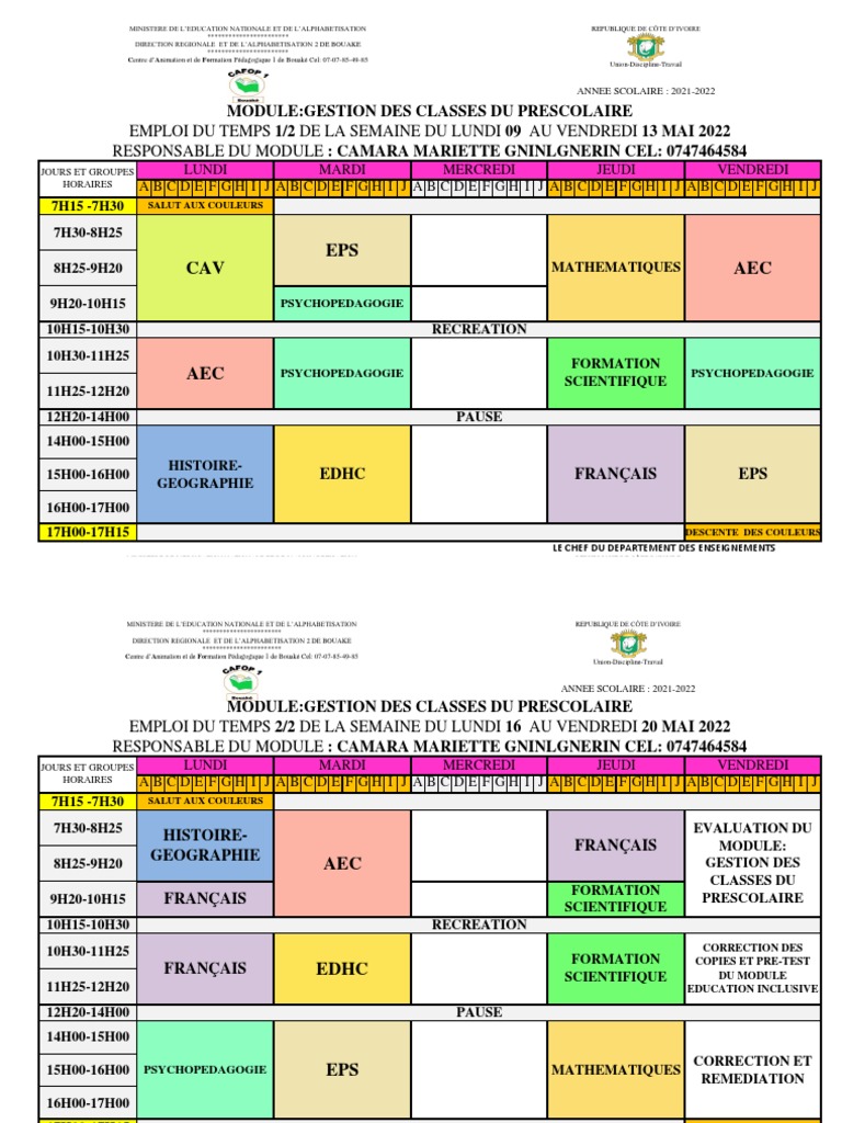 Emploi du Temps Scolaire 2022 Côte d'Ivoire | PDF