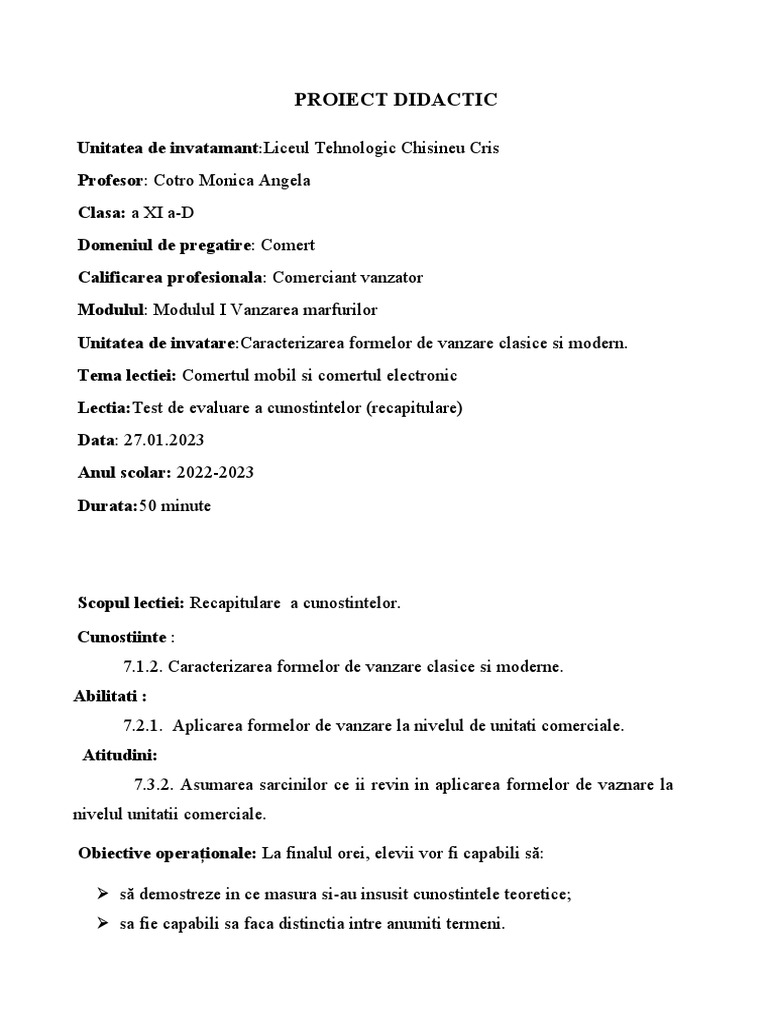 Test de Evaluare Clasa Xi D | PDF