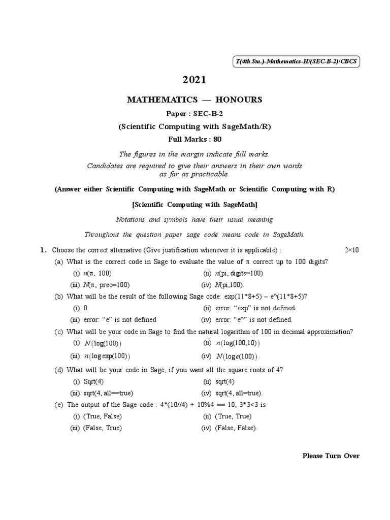 BSc Math Honours Question Paper 2021 | PDF | Logarithm | Equations
