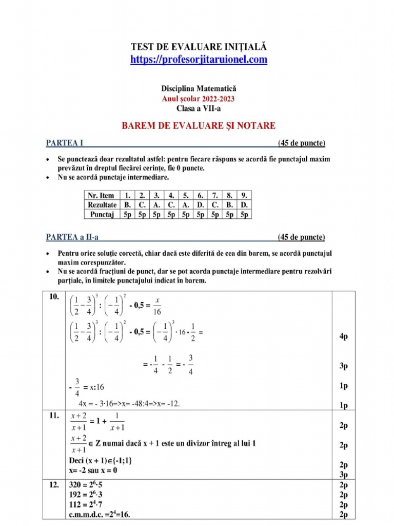 Rezolvare Barem de Corectare Test Initial Matematica Clasa A 7 A An ...