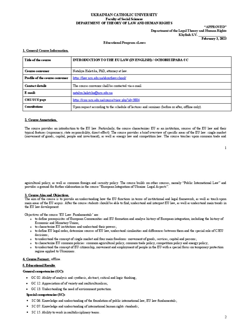 2023 - Introduction To The EU Law - Syllabus | PDF | European Union ...